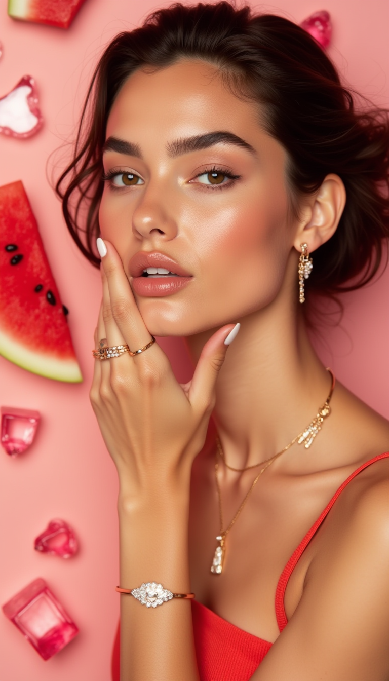 A Sophisticated Female Model With Dewy Skin, Weari