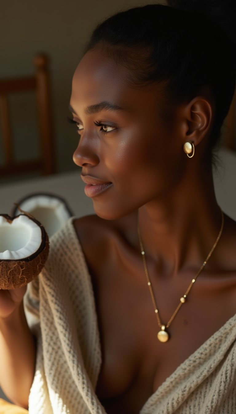 A Woman With Glowing Brown Skin Wearing Minimalist (1)