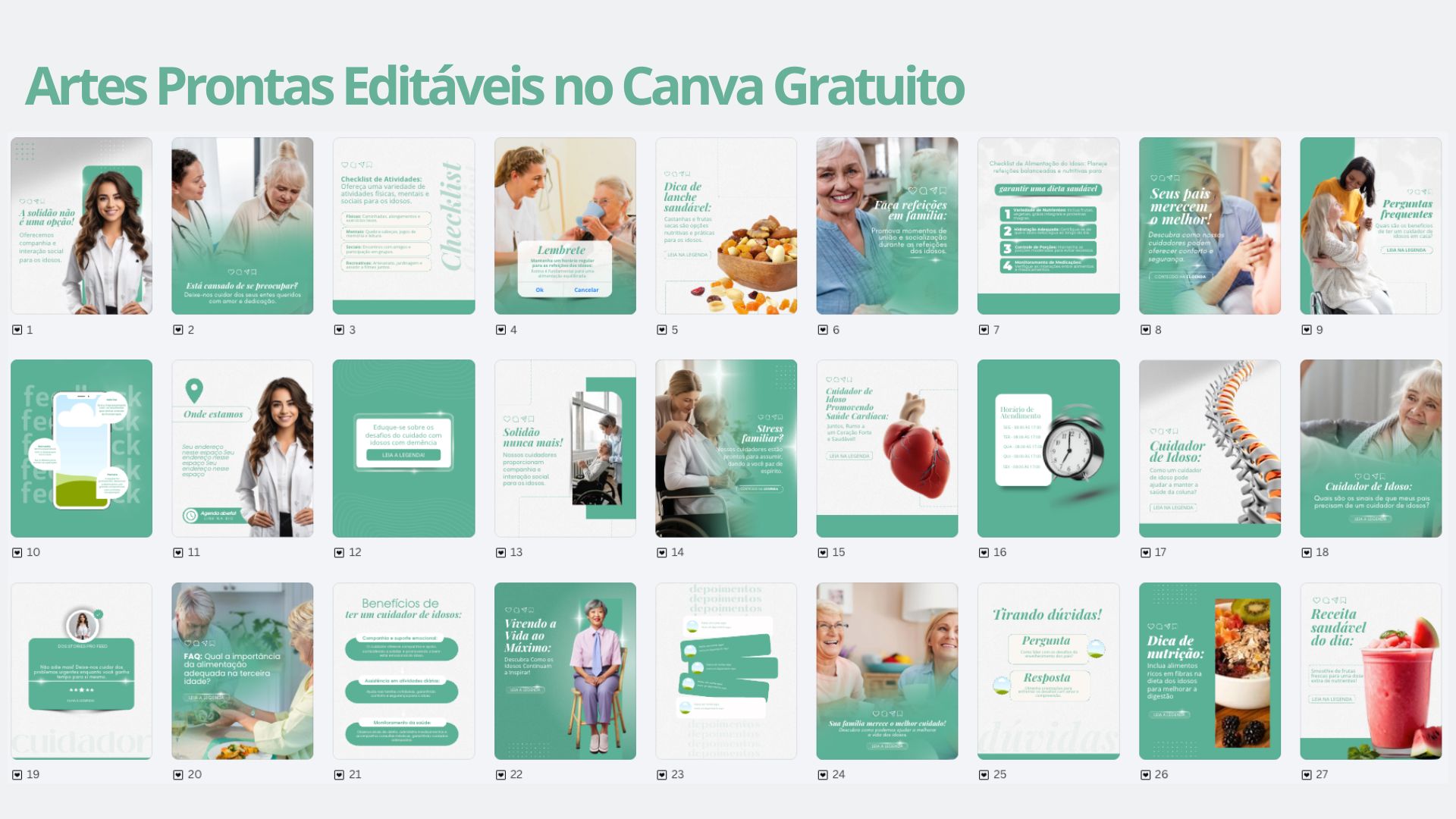 60 Posts, Legendas, Carrosséis, Capas de Destaques, Cartão Digital para Cuidador de Idoso