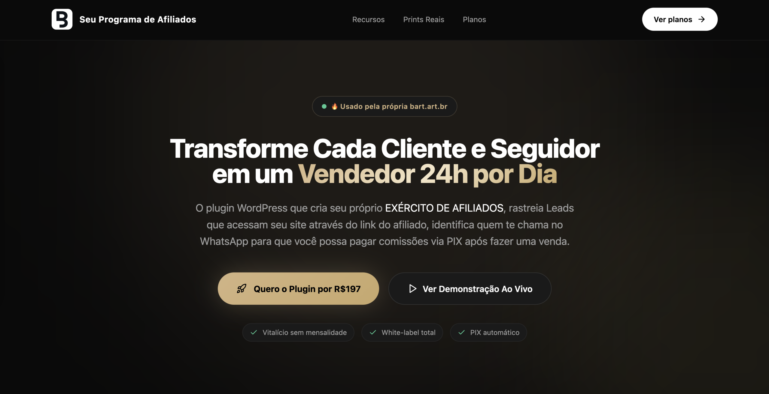 Landing Page do Plugin de Programa de Afiliados do Bartô