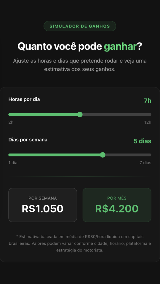 Simulador de ganhos da Uber